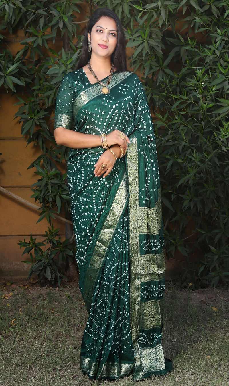 Green Pure Bandhej silk saree made by original Bandhej