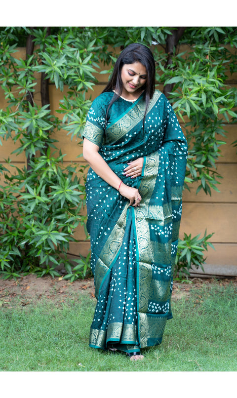 Bandhej Art Silk Saree in Bottle Green Color