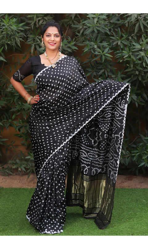 Black color soft bandhani saree with hand high quality bandhej print