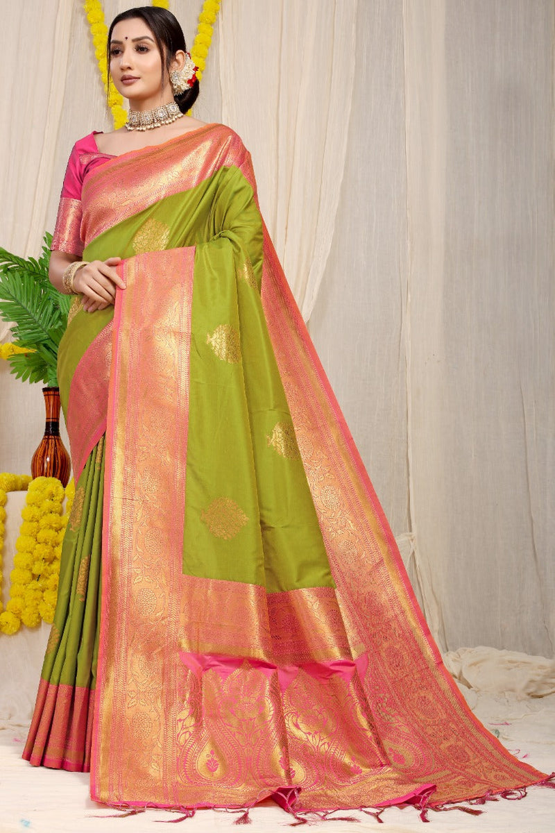 Olive kankavati Pure silk handloom saree with Pure copper Jari  work