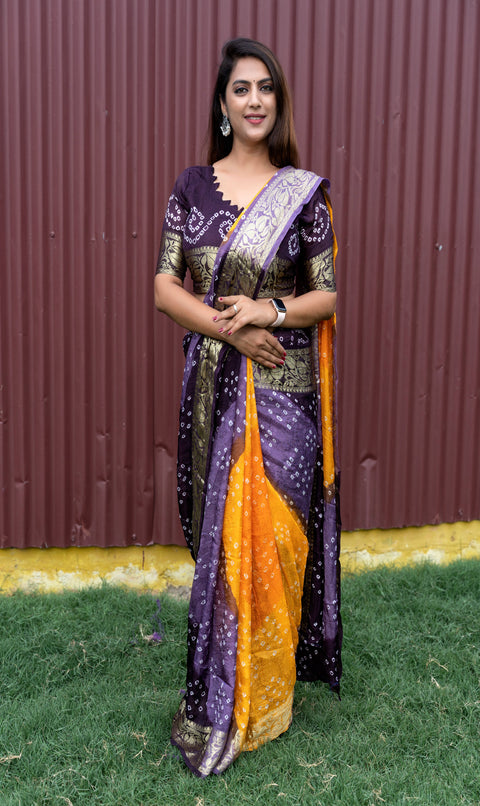 Yellow Purple Color Beautiful Design and Pure Bandhej silk saree