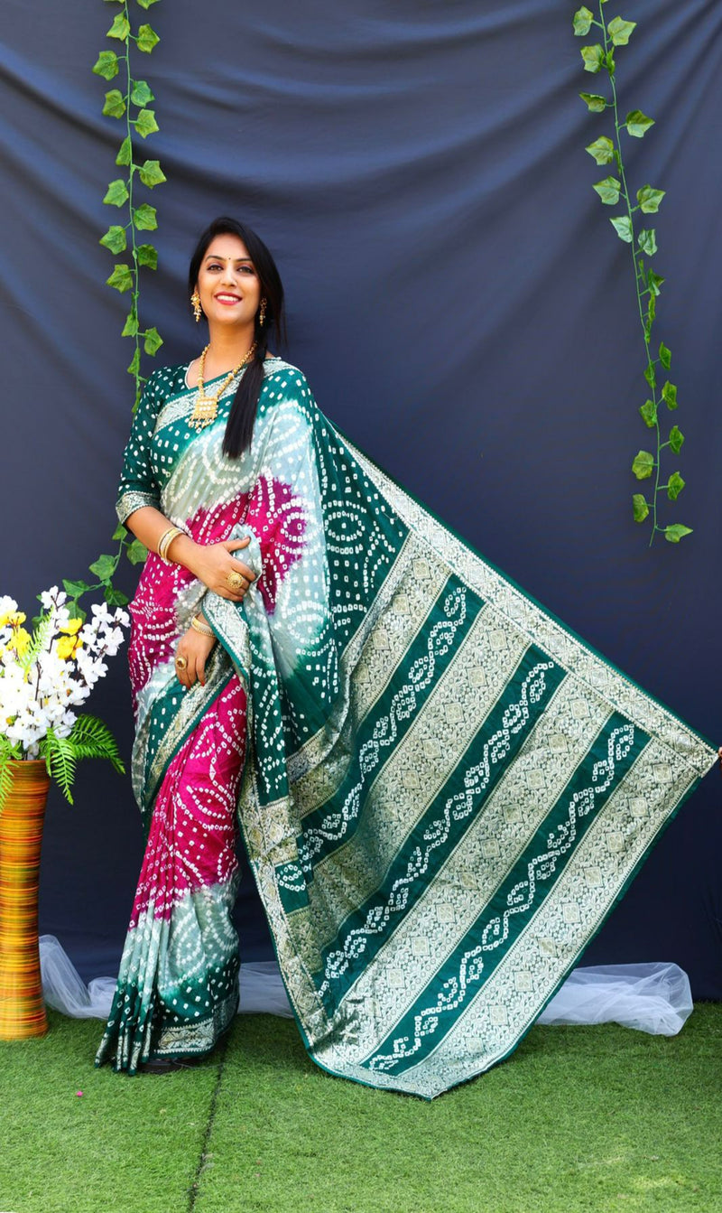 Multi Color Bandhej silk saree made by high quality