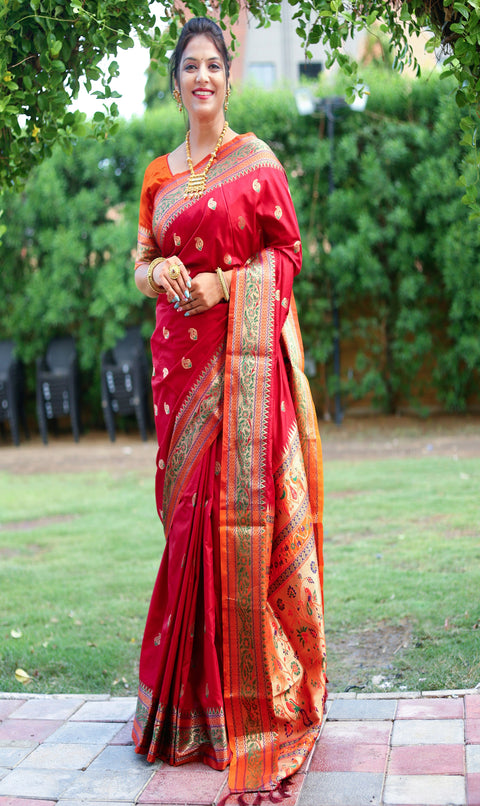 Beautiful Dark Red Color Woven Paithani Saree