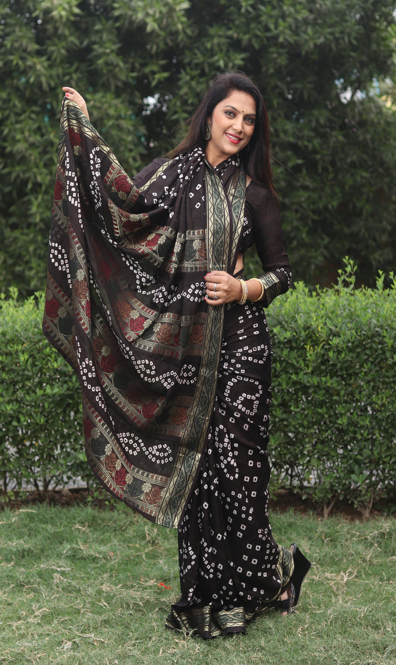Dark Brown color soft hand bandhej bandhani saree with zari weaving work