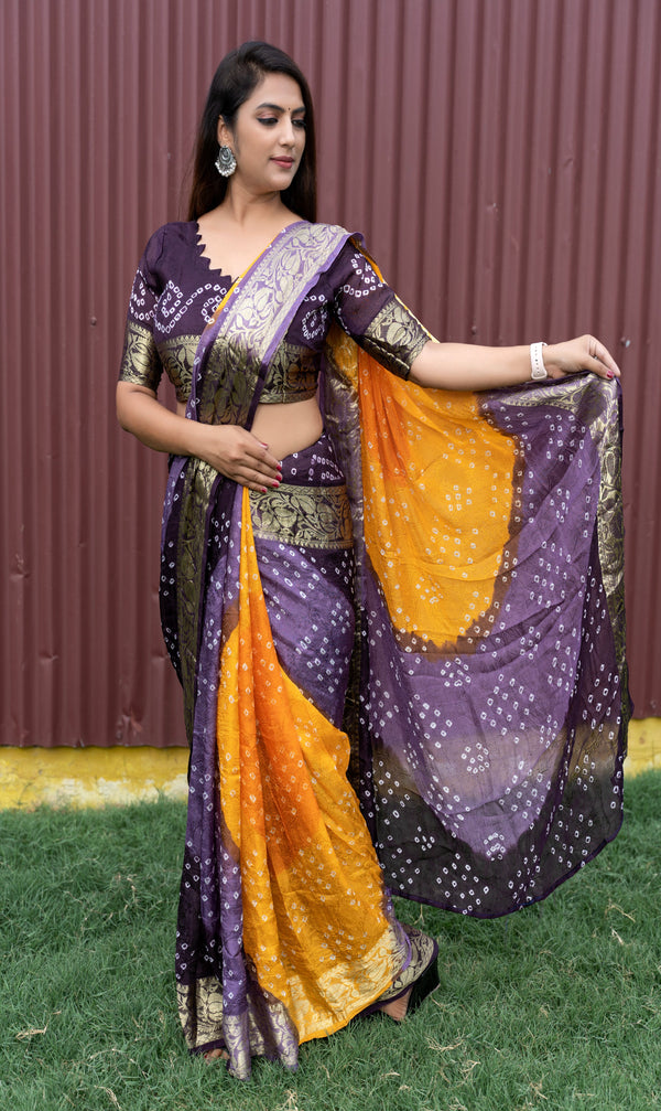 Yellow Purple Color Beautiful Design and Pure Bandhej silk saree