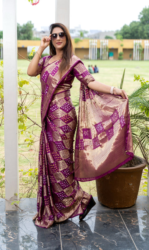 Wine Original Bandhej With Zari Weaving All Over