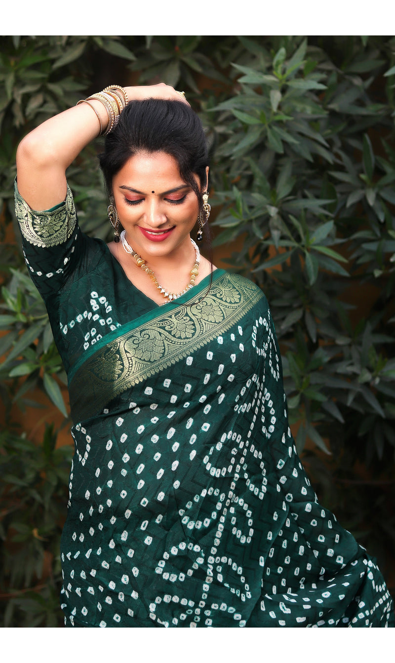 Dark Green color soft Bandhej silk saree with khadi printed work
