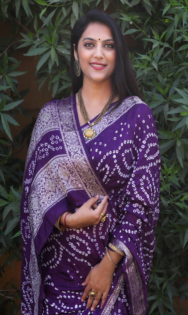Purple Pure Bandhej silk saree made by original Bandhej