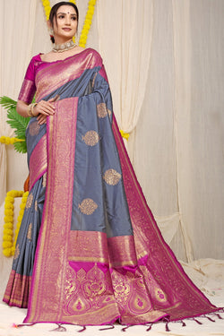 Grey kankavati Pure silk handloom saree with Pure copper Jari  work