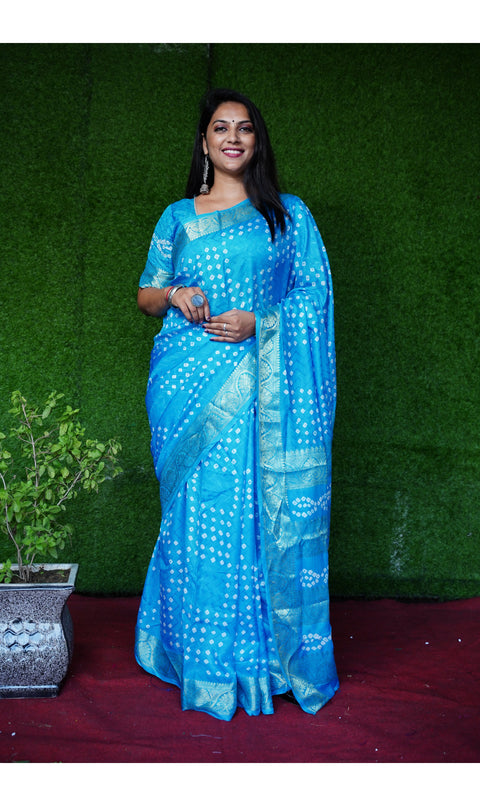 Bandhej Art Silk Saree in Sky Blue Color