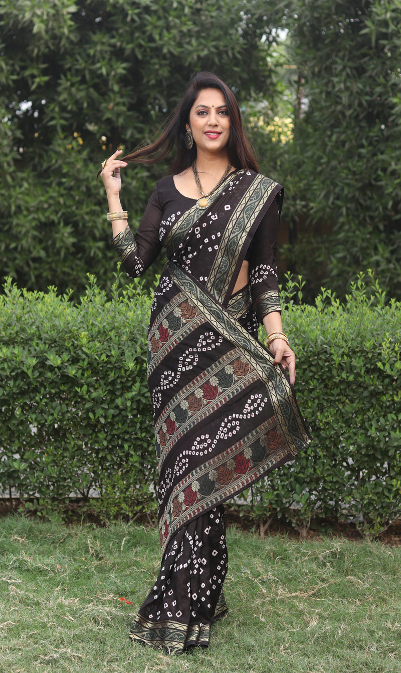 Dark Brown color soft hand bandhej bandhani saree with zari weaving work