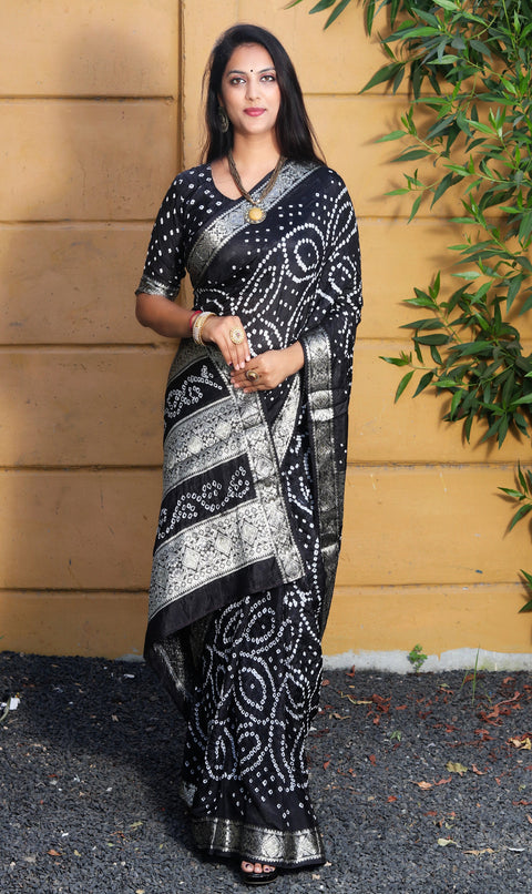 Black Pure Bandhej silk saree made by original Bandhej