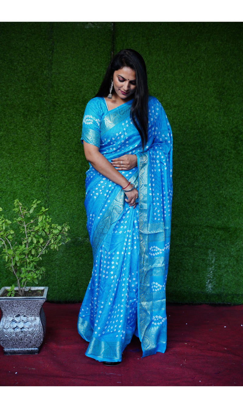 Bandhej Art Silk Saree in Sky Blue Color
