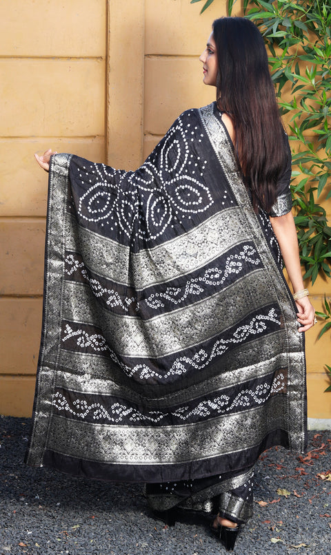 Black Pure Bandhej silk saree made by original Bandhej