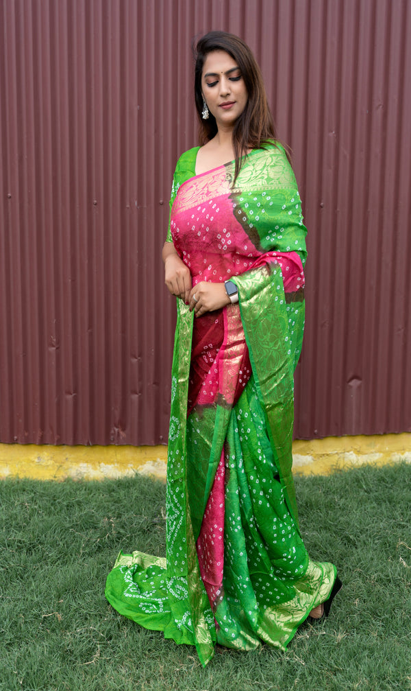 Green Pink Color Beautiful Design and Pure Bandhej silk saree