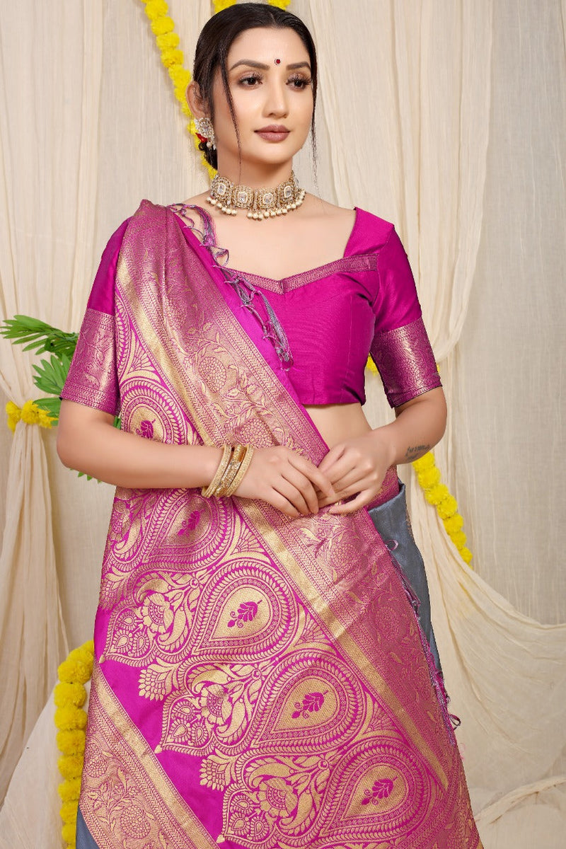 Grey kankavati Pure silk handloom saree with Pure copper Jari  work