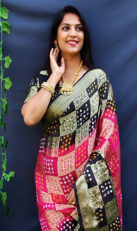 Black Pink Original Bandhej With Zari Weaving All Over