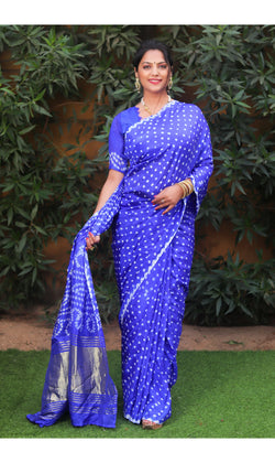 Royal Blue color soft bandhani saree with hand high quality bandhej print