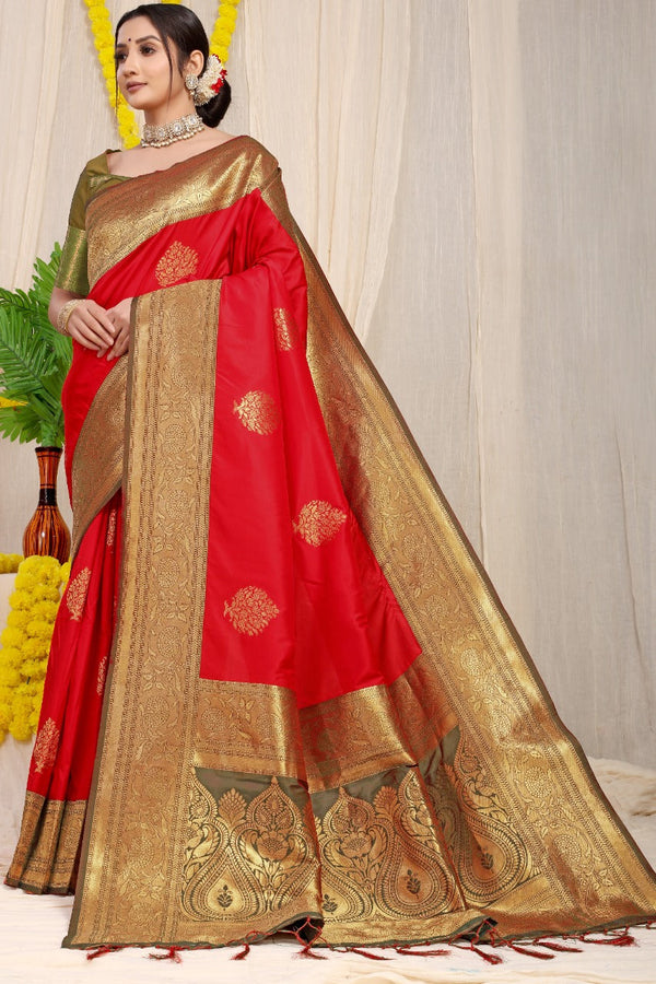 Red kankavati Pure silk handloom saree with Pure copper Jari  work