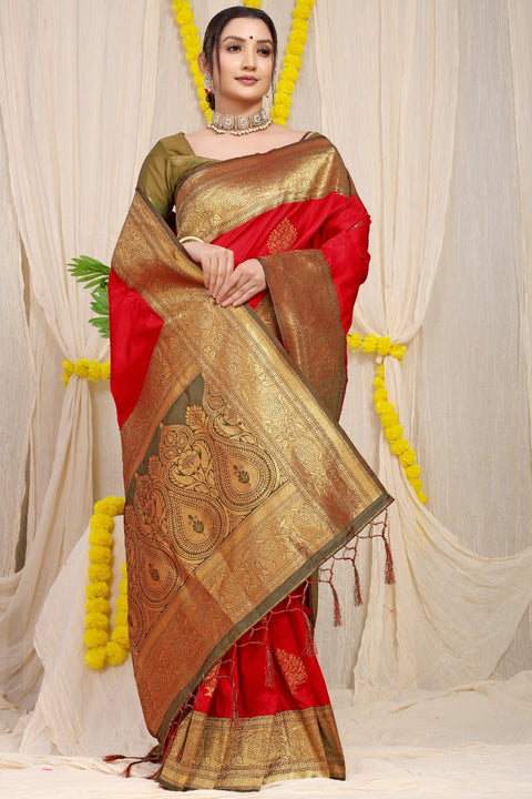 Red kankavati Pure silk handloom saree with Pure copper Jari  work