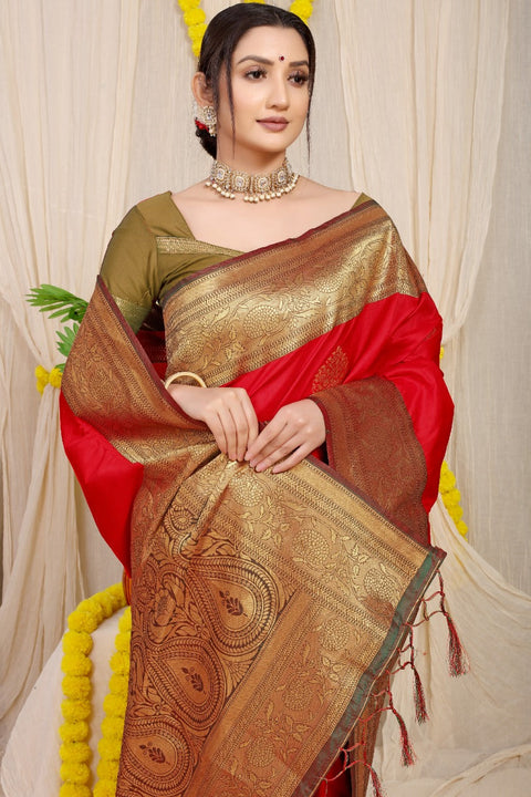 Red kankavati Pure silk handloom saree with Pure copper Jari  work