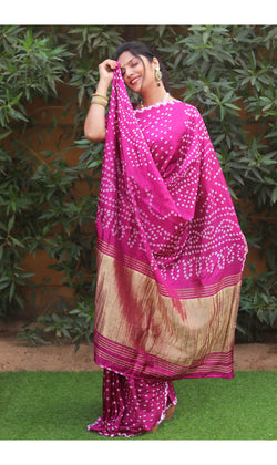 Pink color soft bandhani saree with hand high quality bandhej print