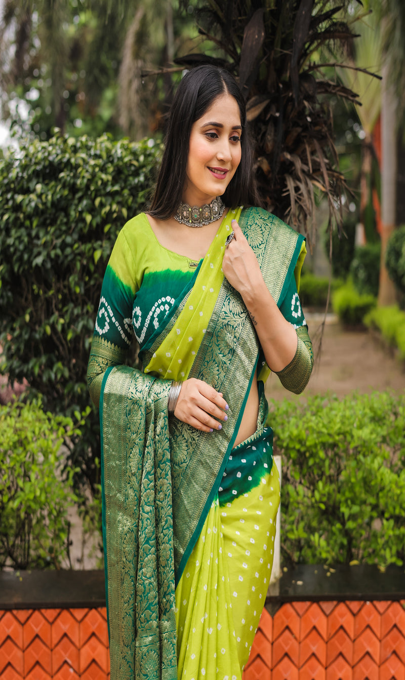 Parrot Green Comfortable Bandhej silk drapes with Kanchipuram jari border