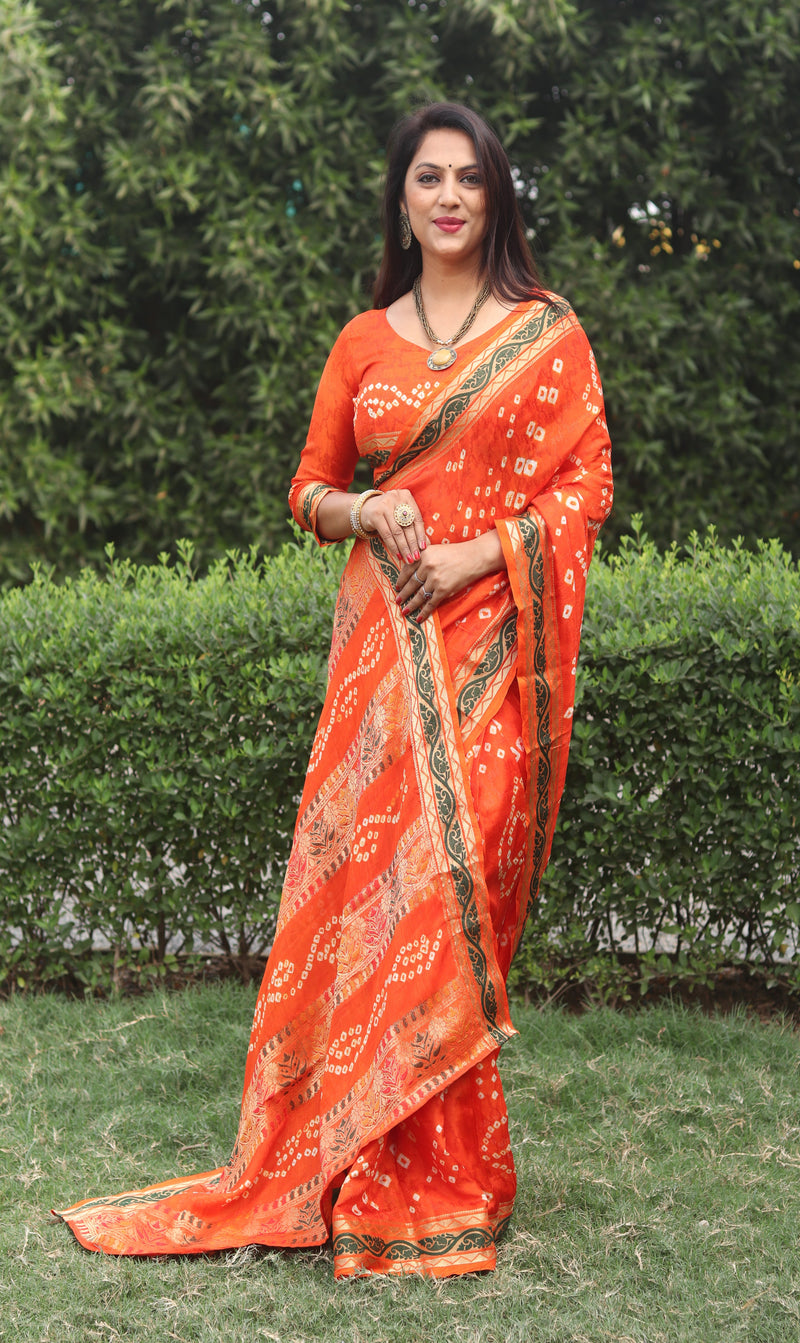 Orange color soft hand bandhej bandhani saree with zari weaving work