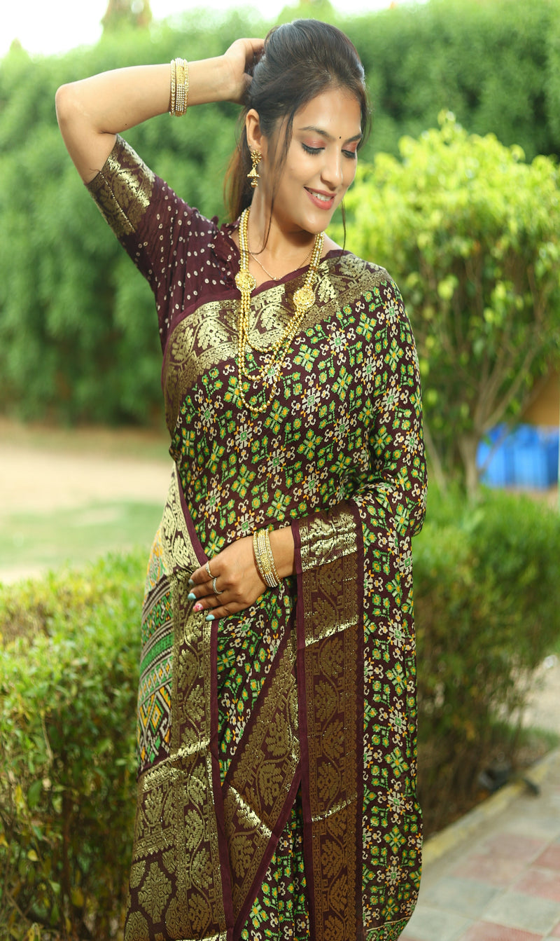 New premium Browne  Color Pure Ajrakh Art silk saree