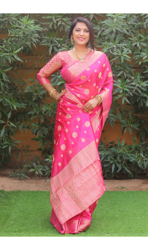 Water Melon Pink Organza Silk Saree with delicate allover weaving designs