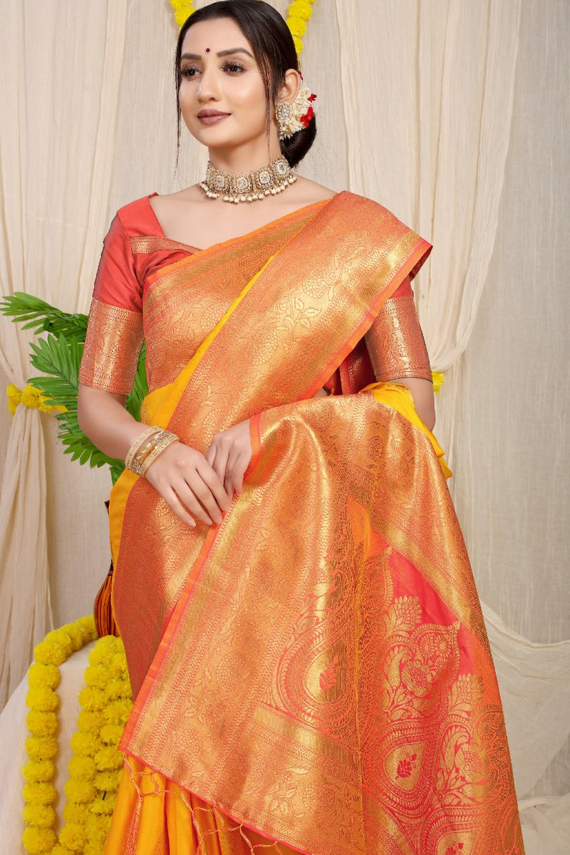 Yellow kankavati Pure silk handloom saree with Pure copper Jari  work