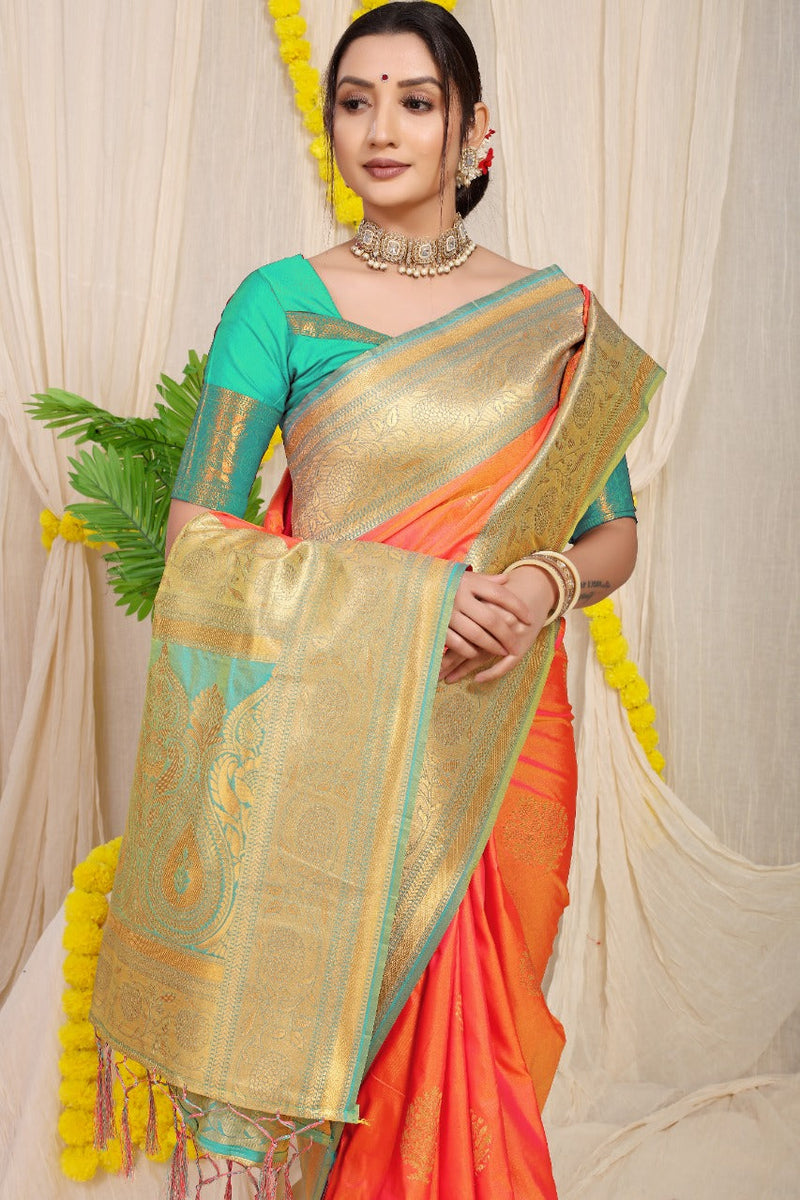 Orenge kankavati Pure silk handloom saree with Pure copper Jari  work
