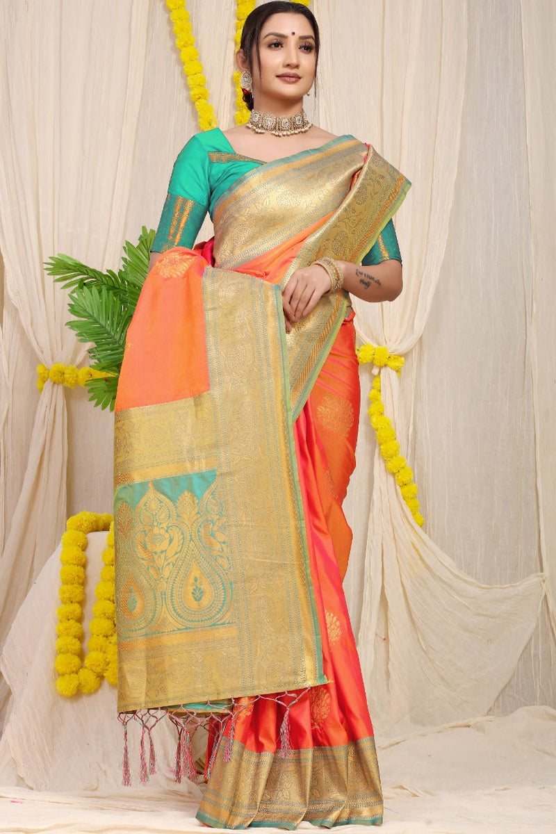 Orenge kankavati Pure silk handloom saree with Pure copper Jari  work