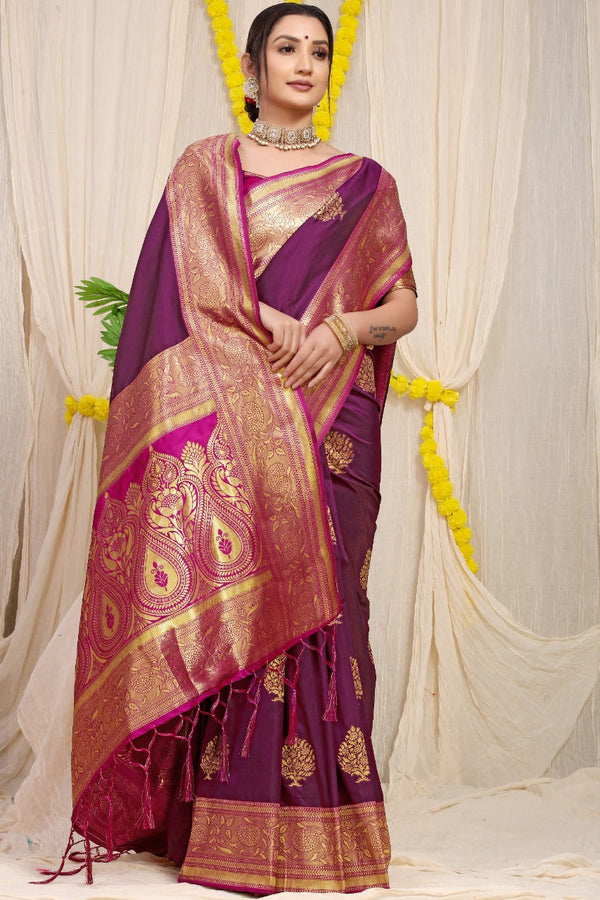 Wine kankavati Pure silk handloom saree with Pure copper Jari  work