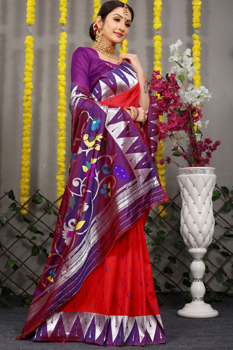 Blood Red Paithani Katan Silk Handloom Saree
