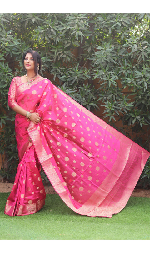 Water Melon Pink Organza Silk Saree with delicate allover weaving designs