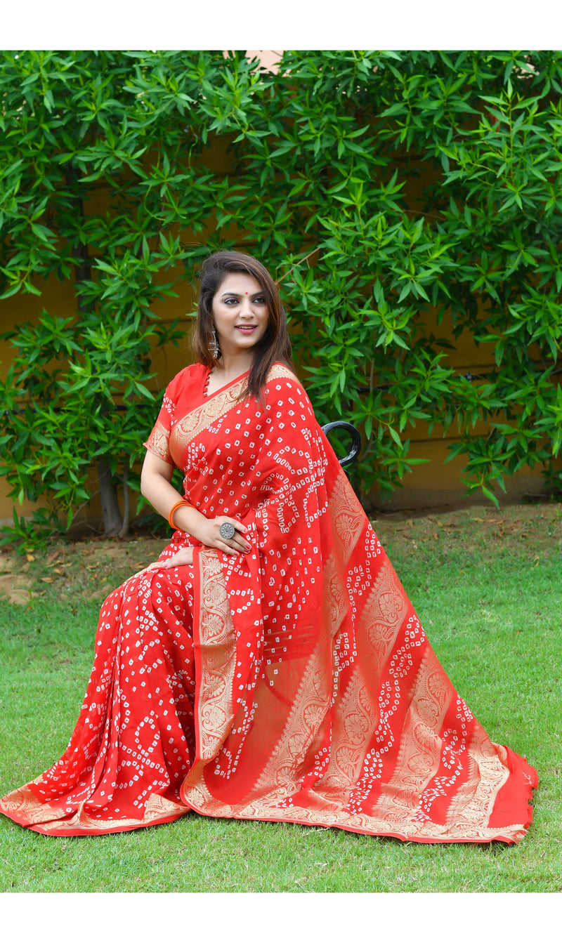 Blood Red color soft Bandhej silk saree with khadi printed work