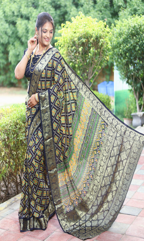 Beautiful New Navy Blue Color Pure Ajrakh Art silk saree