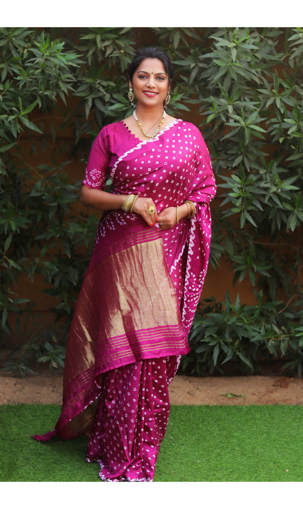 Pink color soft bandhani saree with hand high quality bandhej print