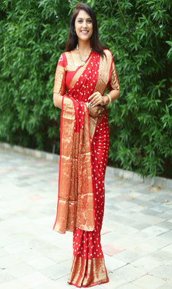 Red Bandhani Saree In Gaji Silk