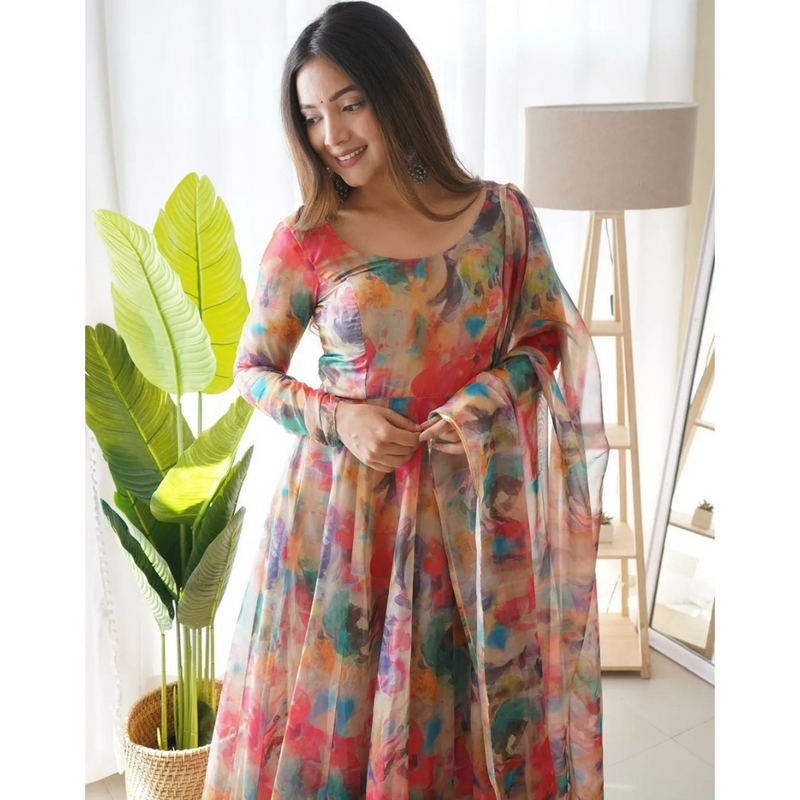 Multi Color Floral Printed Pleated Kurti With Dupatta