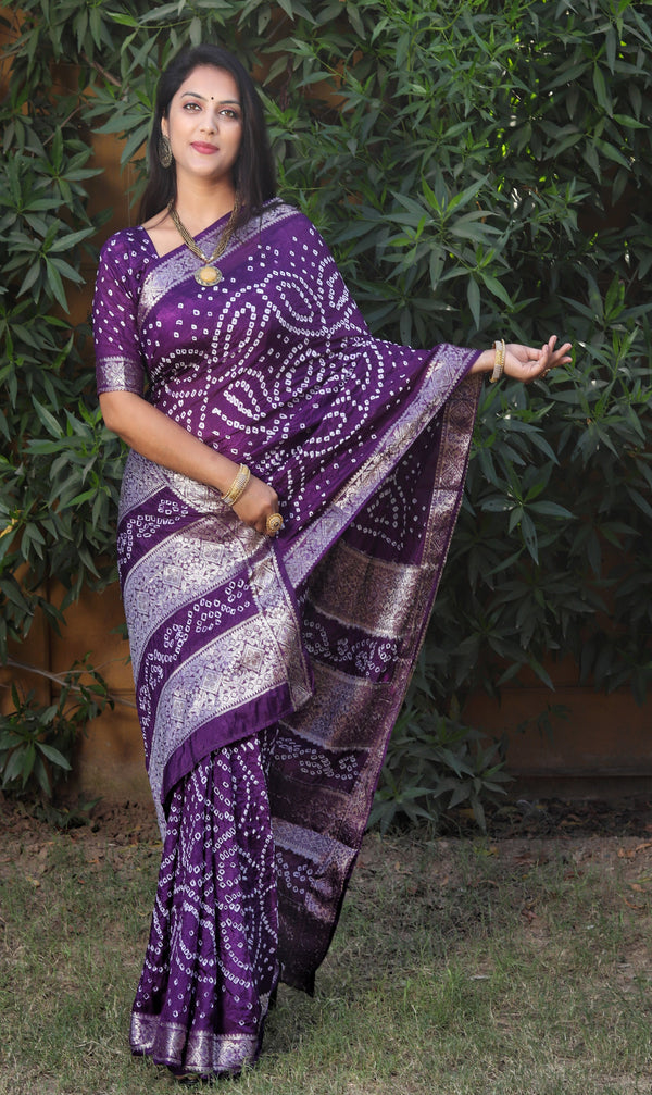 Purple Pure Bandhej silk saree made by original Bandhej