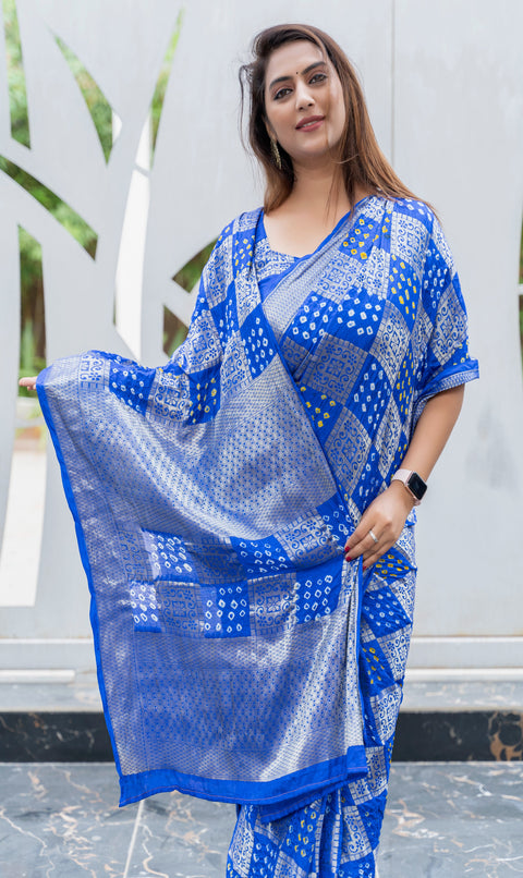 Royal Blue Original Bandhej With Zari Weaving All Over