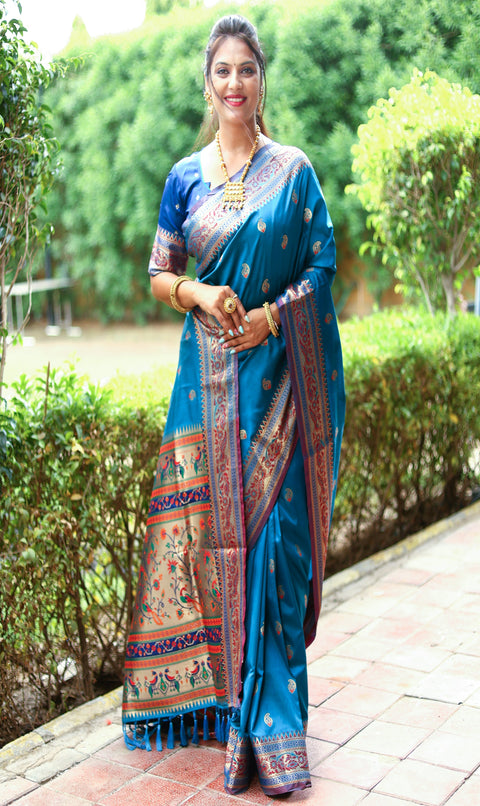 Beautiful Cobalt Blue Color Woven Paithani Saree