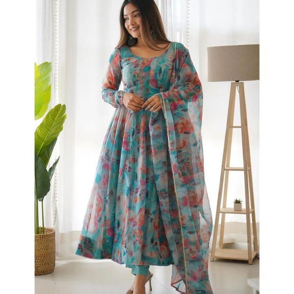 Sky Multi Color Floral Printed Pleated Kurti With Dupatta
