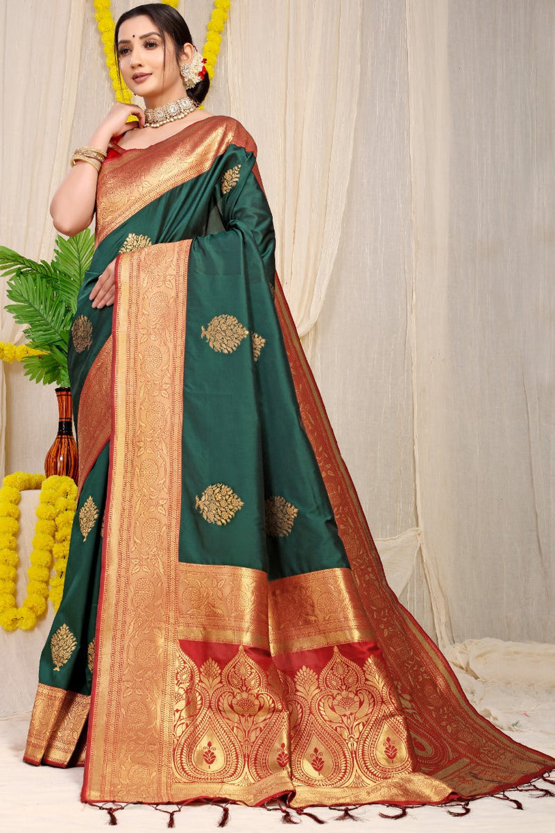 Dark Green kankavati Pure silk handloom saree with Pure copper Jari  work