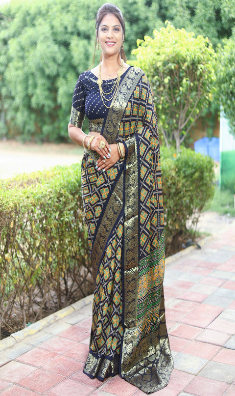 Beautiful New Navy Blue Color Pure Ajrakh Art silk saree