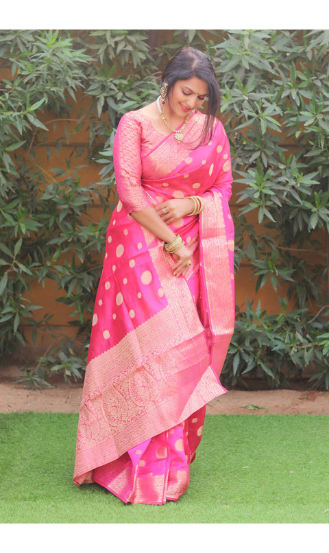 Water Melon Pink Organza Silk Saree with delicate allover weaving designs