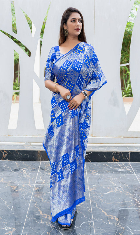 Royal Blue Original Bandhej With Zari Weaving All Over