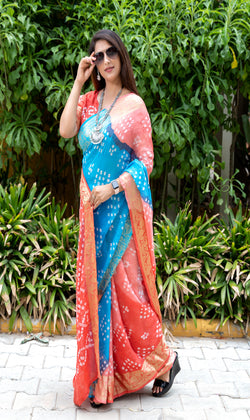 Sky Blue Peach Color Beautiful Design and Pure Bandhej silk saree